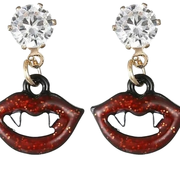 Bundle 2 pairs 1 red 1 pink sparkly crystal vampire teeth lips earrings - Picture 12 of 12
